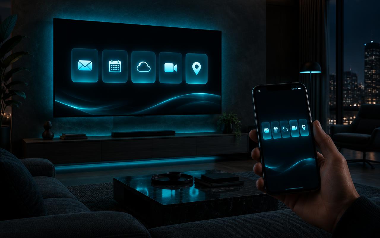 3BI OS on a living room TV and a phone, showing mail, calendar, files, video calls and maps