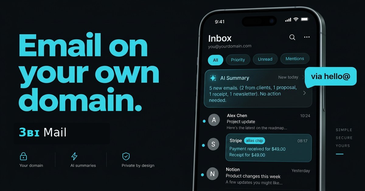 3BI Mail inbox on a phone with an AI summary of new emails
